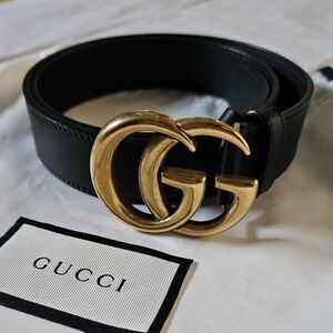 Gucci Marmont Black Leather Belt with Gold GG Buckle